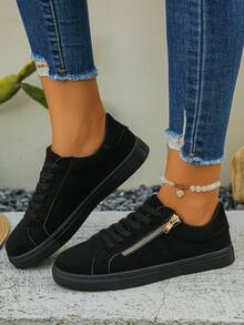 Women's New Blue Snake Skin Pattern Classic Side Zipper Casual Shoes, Fashion Versatile Lace-Up Platform Sneakers, Thick Sole Increase Height, Suitable For Students, Running, Hiking, Skateboarding - Black - View 3