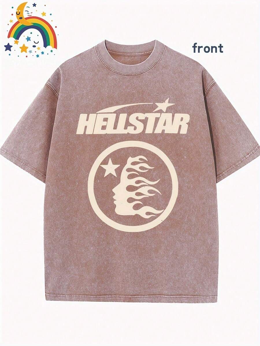 Star Pattern And "" Letter Print Men'S Summer Loose Fit Short Sleeved Washed Vintage 230g Pure Cotton Comfortable Breathable Casual Street Round Neck T-Shirt - Coffee color - 查看 1