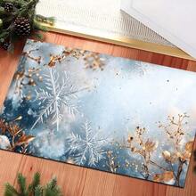 1 pieza Alfombra de gel de sílice con estampado de copos de nieve navideños, alfombra rectangular para sala de estar, dormitorio, pasillo, baño, lavandería - Poliéster, apta para decoración interior y exterior del hogar, se puede usar como regalo y decoración navideña
