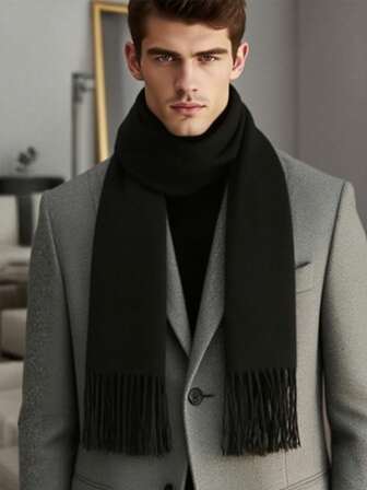 1条经典人字纹流苏纯色羊绒围巾，男女皆宜，时尚休闲防风保暖披肩，舒适毯式围巾，适合日常佩戴，秋冬季节适用。