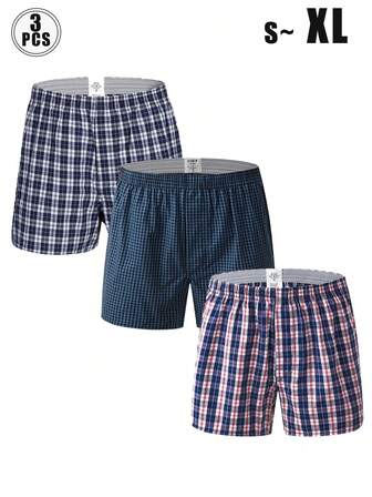 3 件装男士加大码透气松紧腰格子印花平角短裤，宽松休闲内裤