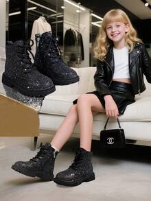 1 Pair Kids Black Shiny Star Holographic Glitter PU Side Zipper Thick Sole Boots, Classic Round Toe Design, Cute & Fashionable, Soft & Comfortable, Suitable For 3-15 Years Old Girls, Elementary Students, Outdoor, All Seasons, Holidays, Parties, Vacations - Black and White - View 2
