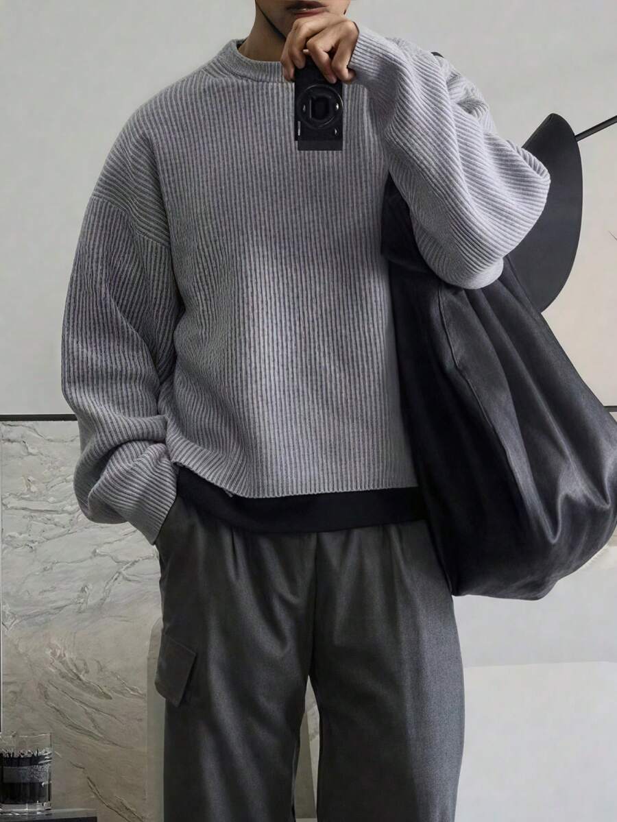 New American Street Style Knitted Sweater, Casual Loose Crew Neck Pullover For Men & Women, Spring/Autumn/Winter - Grey - View 1