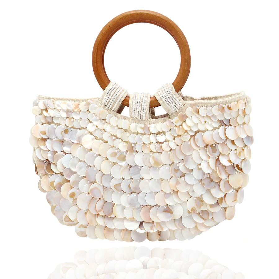 Shell Purse For Women Handmade Seashell Beaded Clutch Beach Wooden Top Handle Bag - trắng - Xem 1