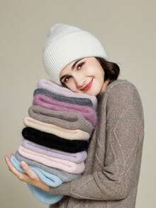 FADZOYLE 1顶女士针织翻边帽，柔软宽松保暖舒适针织帽，男女通用成人滑雪跑步帽，冬季 - 白色 - 查看 5