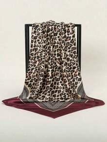 1pc Women's 90CM Fashion Scarf With Leopard Print, Satin Square Bandana Headscarf, Spring/Summer - Burgundy - View 3
