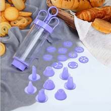 Molde tubular con forma de flor para galletas, 10 decoraciones con estampados florales, boquilla para pastel con recipiente transparente, ideal para hacer galletas (morado)