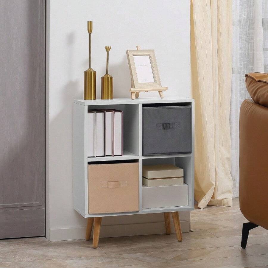HOMCOM Freestanding 4 Cube Unit Cabinet Unit W 3 Fabric Drawers Handles Home Offi Storage Shees - White1 - View 1