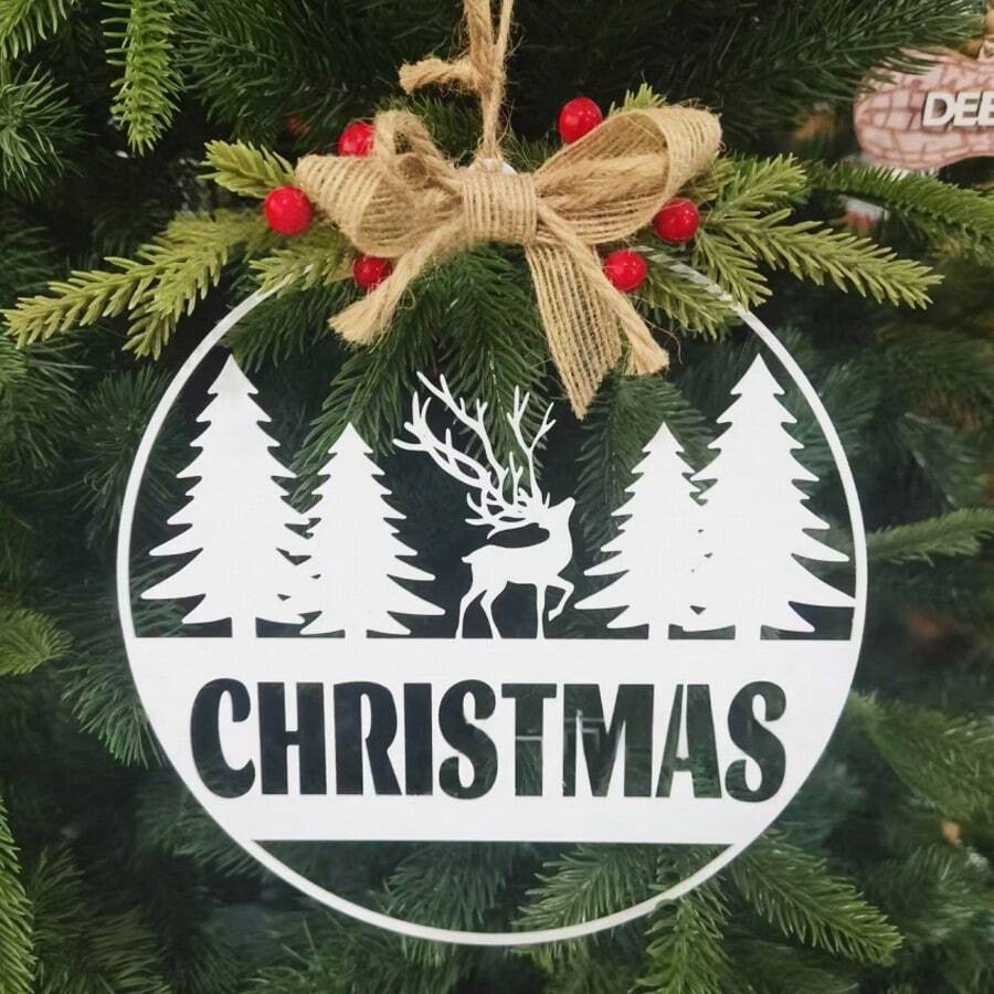 1pc Christmas Ironwork Hollowed-Out Decorative Pendant,"Christmas" Pine Deer Bow Metal Hollowed-Out Ornament,Christmas Creative And Simple Garland Doorplate,New Year Christmas Party Decoration