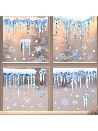 58 件/套圣诞冰晶雪花玻璃贴、圣诞冰柱雪花玻璃贴餐厅阳台装饰静电贴、圣诞冰柱雪花玻璃贴、节日装饰、季节性装饰、雪花图案、几何设计、PVC 材料、静电贴、装饰膜、窗户贴、节日购物贴、家居装饰、墙贴、即撕即贴墙贴