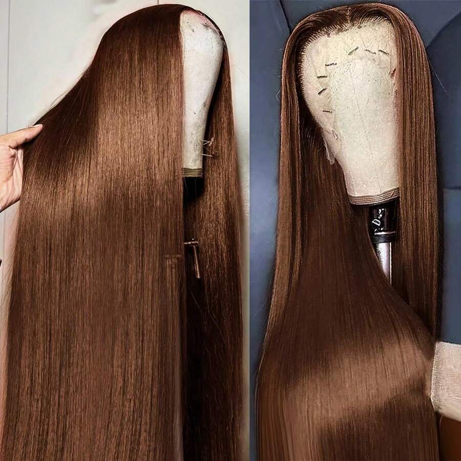 CUEKI 巧克力棕色 13x4 直发蕾丝前纤维混合真人发假发高清透明蕾丝前假发 180 牙预拔婴儿头发女士 - 巧克力棕 - 查看 1