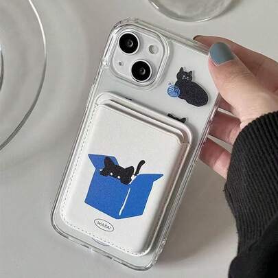 一套韩系ins风小众设计独特黑猫插画磁吸透明亚克力手机壳+磁吸皮质卡套，兼容 17 Pro Max/17 Pro/ 14/15 Pro Max/13/12/11，防摔智能手机壳