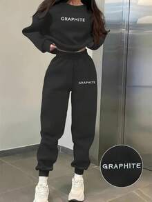 Conjunto de ropa deportiva casual para mujeres primavera/otoño, poliéster 100% con diseño de alfabeto bordado, cuello redondo con hombros caídos, tejido de punto, estiramiento medio, conjunto de sudadera y pantalones sueltos - Negro - Ver 1