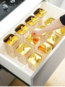 1 件方形裂纹釉白色陶瓷罐带盖，密封储物罐，用于存放谷物、零食、桌面收纳盒，带珍珠手柄 - 彩色 - 查看 6