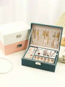 Double Layer Large Capacity Jewelry Box, PU Leather Jewelry Storage Box, Home Jewelry Storage Box, Jewelry Display Box, Solid Color Rectangular Jewelry Storage Box, Dressing Table Jewelry Storage Box, Stackable Storage Box, Keychain Jewelry Box With Removable Tray, Multifunctional Storage For Earrings, Bracelets, Rings, Necklaces, Bedroom Storage Essentials, Back To School Season Essentials, Mom Gifts, Birthday Gifts, Holiday Gifts