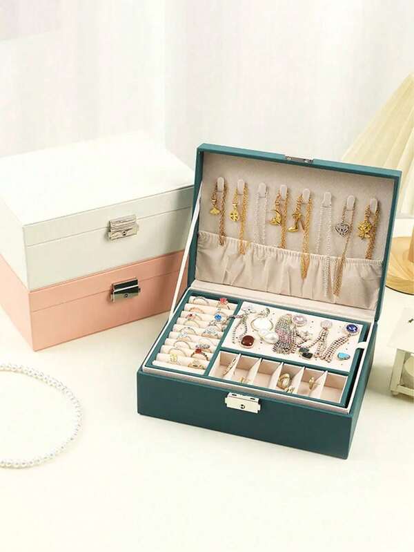 Double Layer Large Capacity Jewelry Box, PU Leather Jewelry Storage Box, Home Jewelry Storage Box, Jewelry Display Box, Solid Color Rectangular Jewelry Storage Box, Dressing Table Jewelry Storage Box, Stackable Storage Box, Keychain Jewelry Box With Removable Tray, Multifunctional Storage For Earrings, Bracelets, Rings, Necklaces, Bedroom Storage Essentials, Back To School Season Essentials, Mom Gifts, Birthday Gifts, Holiday Gifts