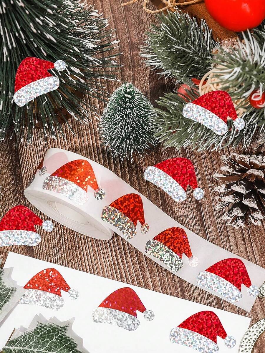 1roll- Red Christmas Santa Hat Stickers With Glittering Adhesive Waterproof Decoration For Holiday Cards, Gifts, Party Decorations, Christmas Accessories - Multicolor - View 1