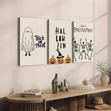 Set de 3 piezas de arte de pared en lienzo de Halloween - Impresiones vibrantes de calavera y calabaza, perfectas para la decoración de la sala de estar, el dormitorio, el pasillo, las decoraciones de Halloween, perfectas para la decoración de otoño de la habitación, pósteres de arte de pared sin marco vintage