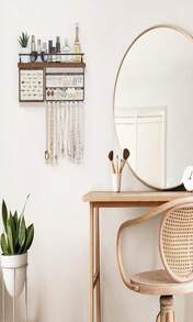 Mkono Hanging Jewelry Organizer Wall Mounted Jewelry Organizer Necklace Holder With Rustic Wood Shelf, Ring Display Box, Ear Studs Earring Holder Bracelet Organizer