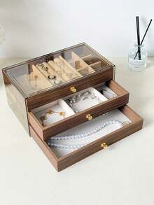 3-Tier Luxury Black Walnut Wood Jewelry Box, Drawer Style Jewelry Storage Case With Transparent Acrylic Display, Classic Design - Multicolor - View 5