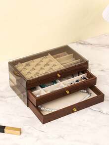 3-Tier Luxury Black Walnut Wood Jewelry Box, Drawer Style Jewelry Storage Case With Transparent Acrylic Display, Classic Design - Multicolor - View 11