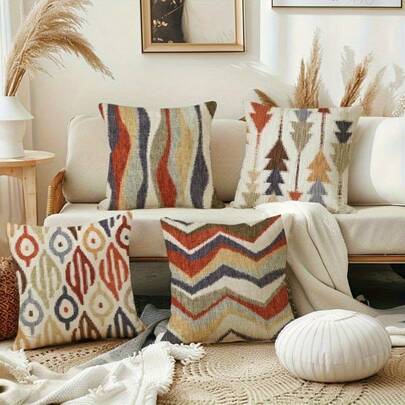 4 capas de almofadas decorativas estilo Boho - 45 x 45 cm, capas de almofadas decorativas com arte geométrica abstrata para varanda, pátio, sofá, sala de estar, área externa, estilo retrô de fazenda, laváveis à máquina com zíper, fronhas com zíper para decoração de áreas externas, almofadas decorativas (sem travesseiro)