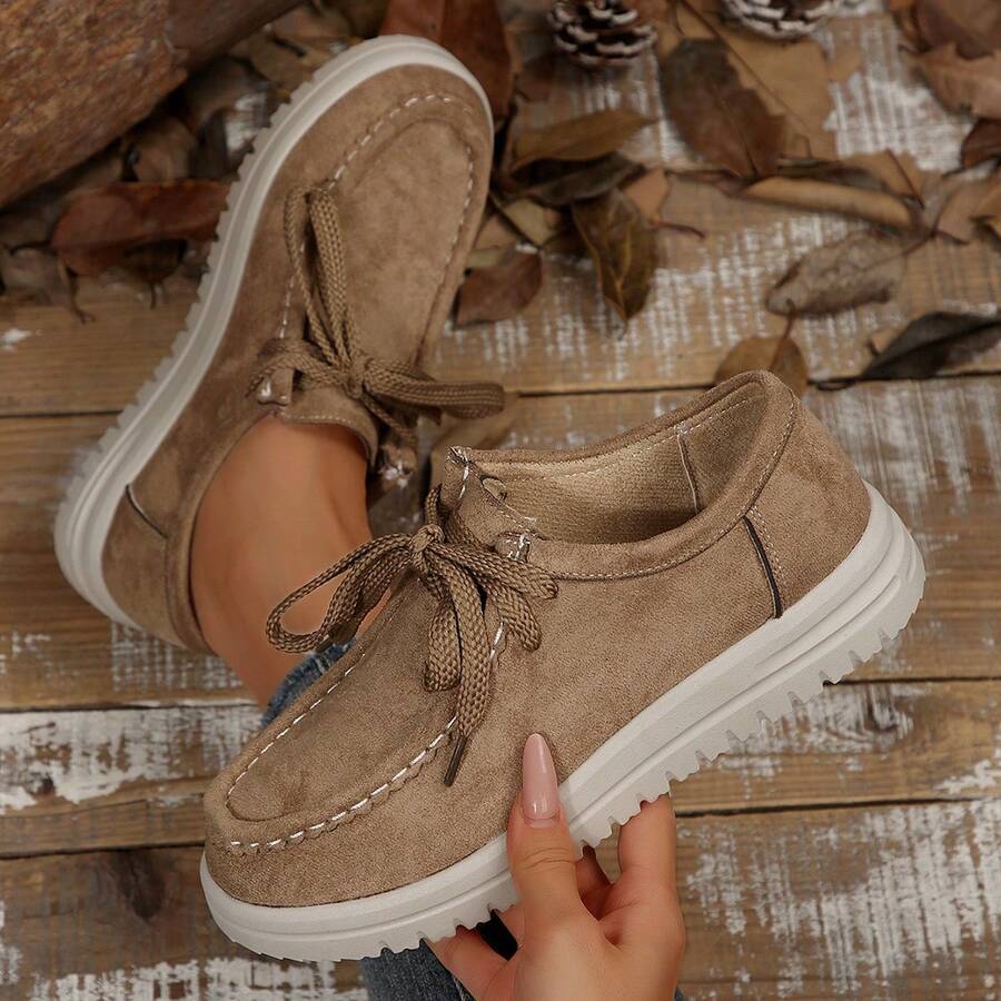 Retro Suede Thick Sole Lace-Up Women's Casual Shoes, Lightweight Shock-Absorbing Fashionable For Daily Wear - Màu Khaki - Xem 1