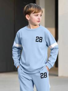 2pcs/Set Tween Boy Spring/Autumn Printed Sweatshirt And Pants Casual Outfit - Blue - View 3