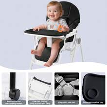 Sejoy Baby High Chair For Babies & Toddlers With 4 Wheels, For 6 Months-3 Years, Up To 110 Lbs/50kg, Removable Tablet, Adjustable Backrest Footrest Tablet Positions Seat Heights, Stand-Alone - 黑色 - 查看 7