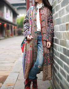 LUZU JUNU Women's Trench Coat Floral Print Long Cotton Linen Jacke Cottagecore Clothing Patchwork Outwear Bohemian Unique - 復古灰 - 查看 7