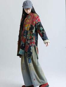 LUZU JUNU Women's Trench Coat Floral Print Long Cotton Linen Jacke Cottagecore Clothing Patchwork Outwear Bohemian Unique - 復古灰色夾克毛絨襯裡 - 查看 3