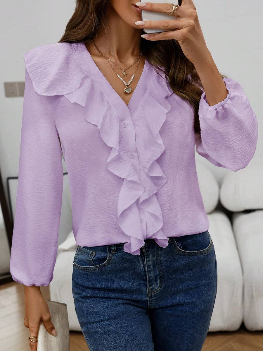 女士时尚优雅休闲荷叶边V领长袖衬衫，春秋季 - 紫色 - 查看 1