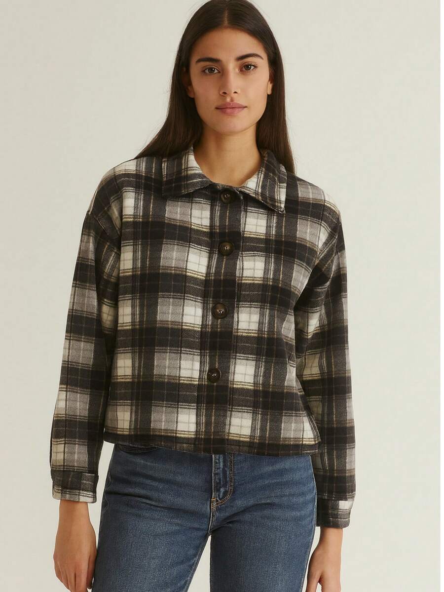 Chaqueta corta abrigadora con forro aborregado ideal para otoño/invierno - Negro - Ver 1