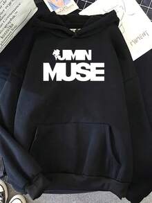 Jimin Muse Hoodie - Black Retro Streetwear Pullover With White Geometric Print, Casual Long Sleeve Sweatshirt For Men And Women, Autumn Streetwear, Comfortable Pullover | Vintage Hoodie | Durable Casualwear,Fall Hoodies,Men's Fall Clothes,Street Wear,Halloween,Mens Hoodies,Y2k Clothes,Jesus Hoodie,Thanksgiving Day,Nightmare Before Christmas,Christmas - 黑色 - 查看 1
