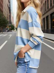 Y2k Women Striped Rugby Polo Shirt Long Sleeve Collared Oversized Vneck Sweatshirt Vintage Jersey Girls Streetwear - 藍色 - 查看 2