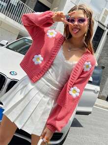 女士粉色针织长袖毛衣，带有可爱的雏菊花细节，常规版型，适合日常休闲穿着 - 西瓜粉 - 查看 8