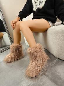 1 Paar Oversize 36-43 Batik Weihnachten einfarbig Y2K Party Punk Mode süße Kunstfell Patchwork Kunstfell gefütterte Overknee Stiefel, warm für Zuhause, Feiertage, Party im Winter