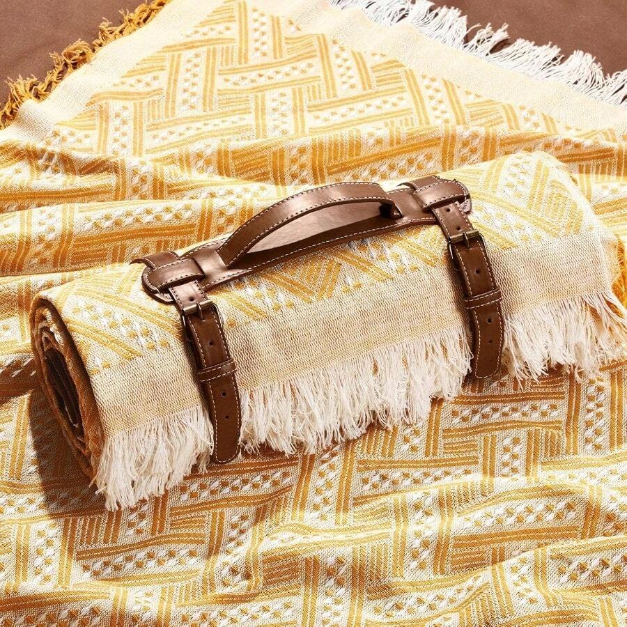 Waterproof Picnic Blankets Outdoor Blanket Foldable 2 In 1 Double Layer Sandproof Beach Mat With Carry Strap For Camping Lawn Park Beach Grass Yellow White