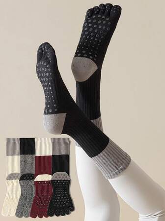 1 双拼色五趾瑜伽袜，个性化设计，防滑圆点，透气，袖口舒适，高弹性，时尚，适合室内健身、瑜伽、普拉提，节日礼物