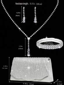 Rhinestone Jewelry Bling Necklace Earrings Bracelets Set For Luxury Envelope Clutch Bag For Party, Romantic Wedding, Spring/Summer Chain Shoulder Bag, Bride Bag, Formal Prom Clutch, Elegant Evening Dress Bag - Silver - View 9