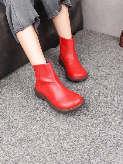 1 Pair Women's Genuine Leather Round Toe Ankle Boots With Zipper, Comfortable Soft Sole, Versatile, Wedge Heel, Black & Red, English Style