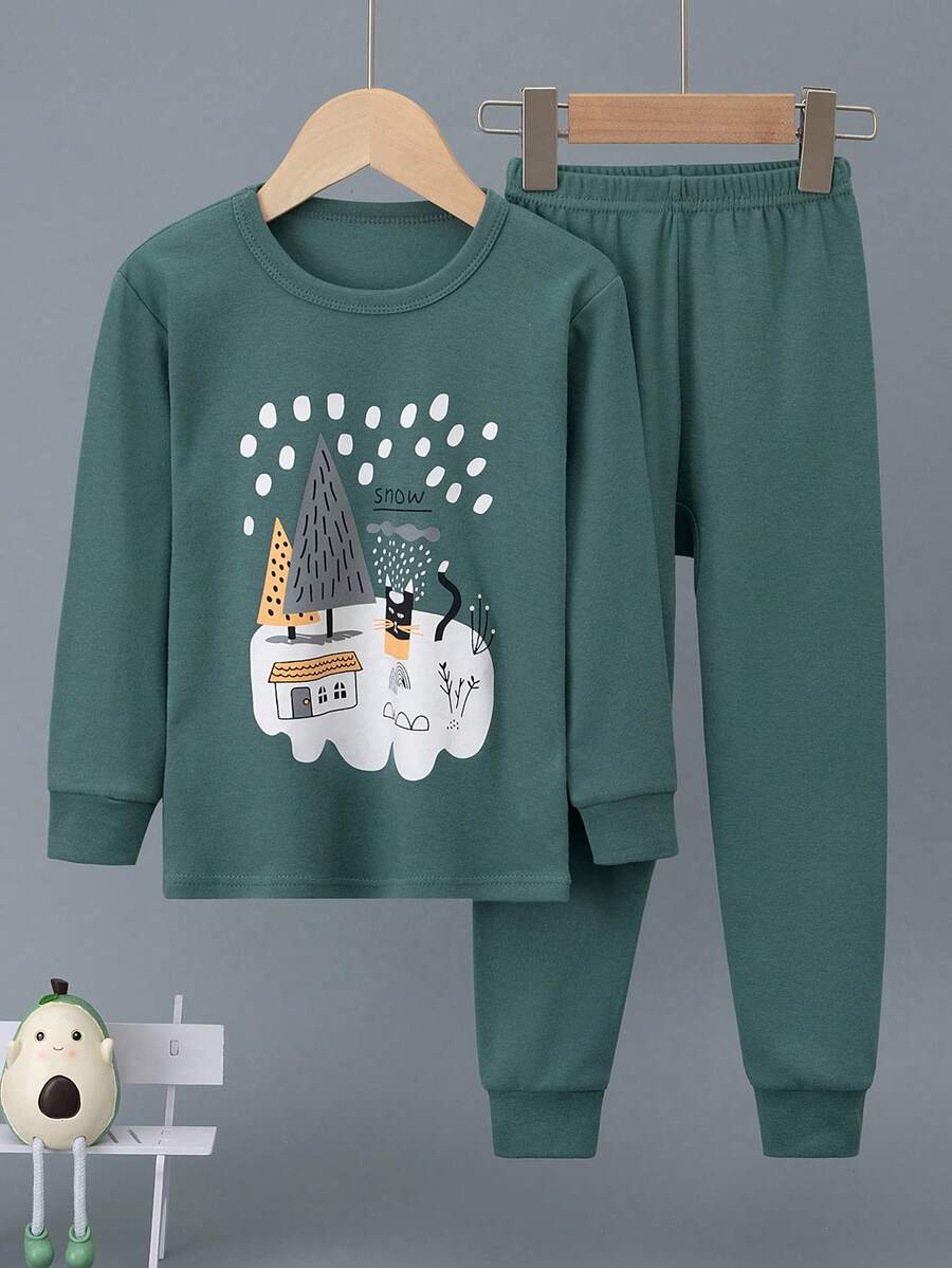 圣诞节幼儿男童保暖内衣套装，绿色圣诞树卡通印花家居服，纯棉春秋睡衣，男童长袖和长裤 - 綠色 - 查看 1