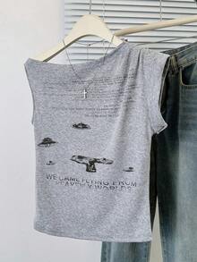 女士不对称肩短袖 T 恤，夏季独特设计短款时尚潮流上衣 - 灰色 - 查看 5