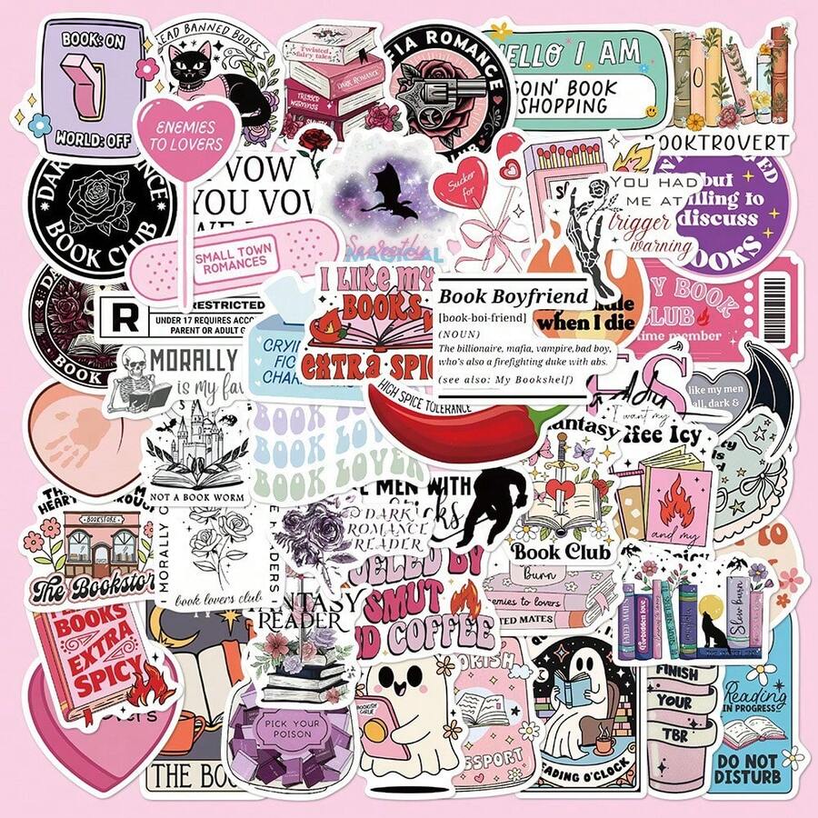 50 Romantic Reading Stickers Tablet Ledger Phone Case Diary Skateboard Guitar Violin Decoration, Halloween, Back To School Label Processing Stickers