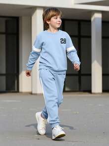 2pcs/Set Tween Boy Spring/Autumn Printed Sweatshirt And Pants Casual Outfit - Blue - View 2