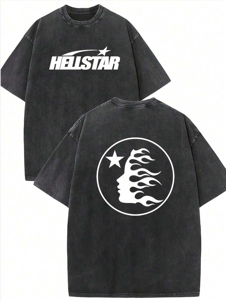 Printed Summer Youth Men'S Loose Short Sleeve Washed Vintage 230g Pure Cotton Comfortable Breathable Casual Street Round Neck T-Shirt - 黑色 - 查看 1