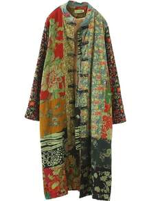 LUZU JUNU Women's Trench Coat Floral Print Long Cotton Linen Jacke Cottagecore Clothing Patchwork Outwear Bohemian Unique - 綠色毛絨襯裡 - 查看 2