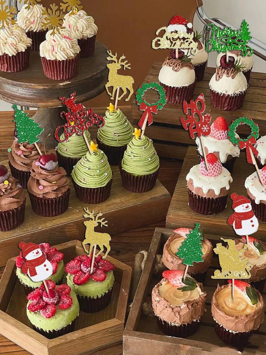 24 件“圣诞快乐”纸杯蛋糕装饰，圣诞树、驯鹿、雪人、雪橇图案纸杯蛋糕装饰，圣诞派对蛋糕装饰 - 彩色 - 查看 1
