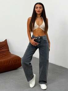 Kadın Koyu Mavi Soluk Efekt Likralı Yüksek Bel Geniş Paça Bol,Salaş Palazzo Jeans - Dark Grey - View 6