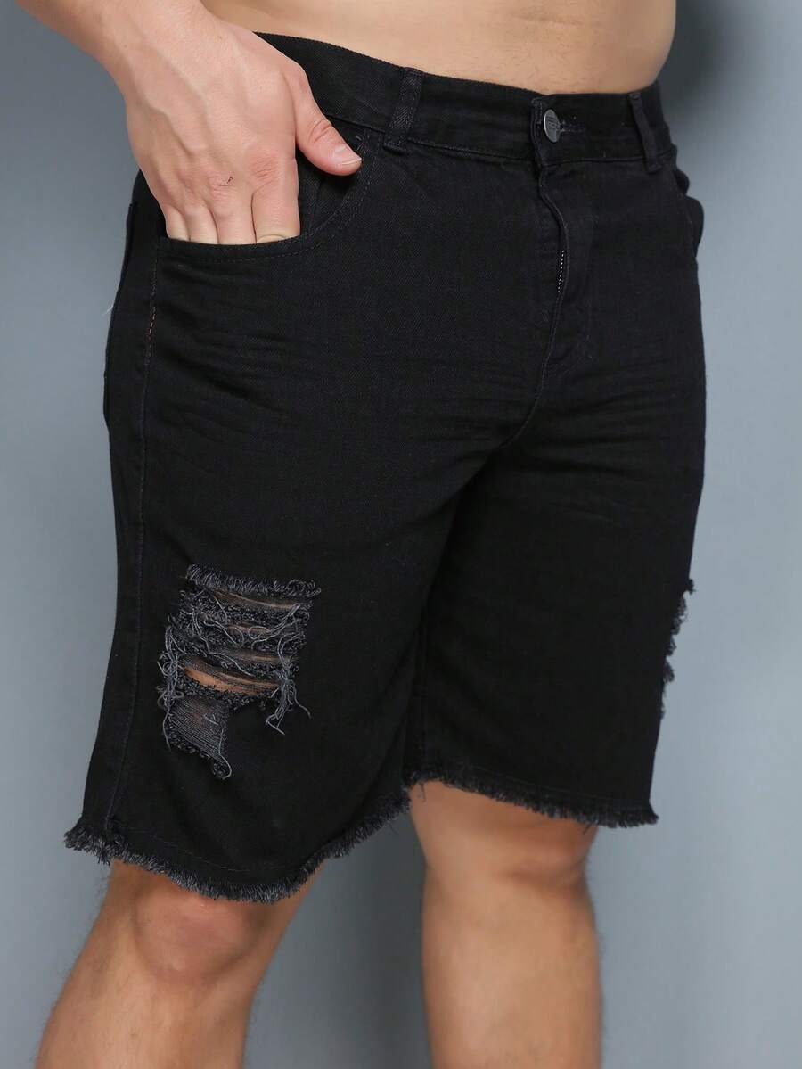 Men's Ripped Colorful Bermuda Jeans - Negro - Ver 1